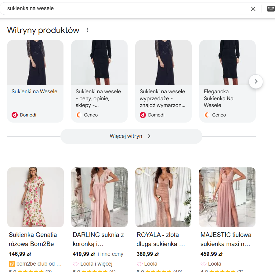 Panele produktów (Shopping results)