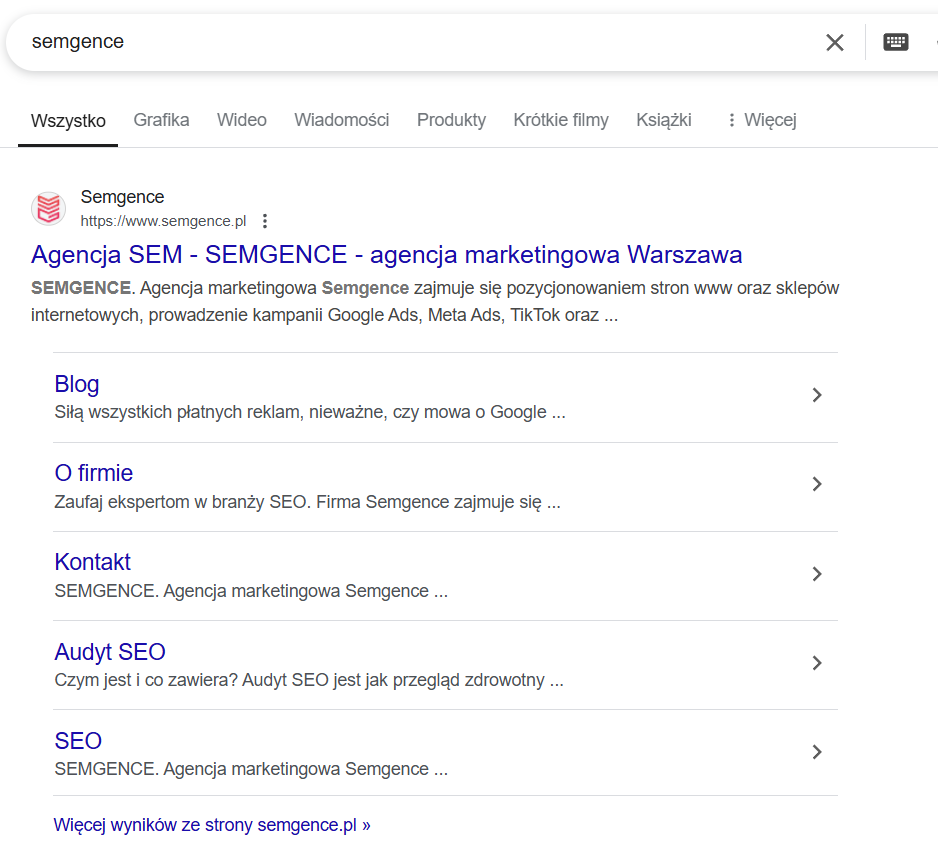 Sitelinki pokazujące dodatkowe linki wewnętrzne